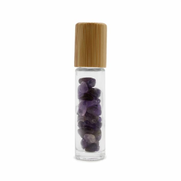 Gemstone Essential Oil Roller Bottle - Amethyst  - Wooden Cap - Image 2