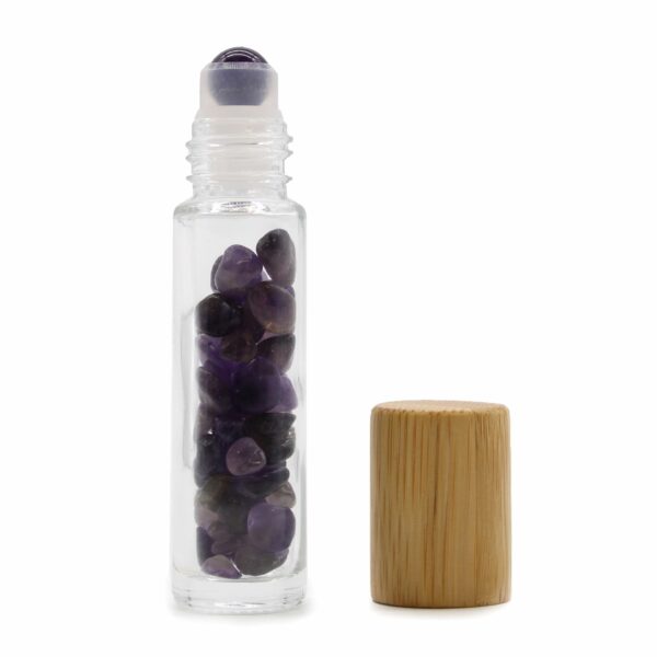 Gemstone Essential Oil Roller Bottle - Amethyst  - Wooden Cap - Image 4
