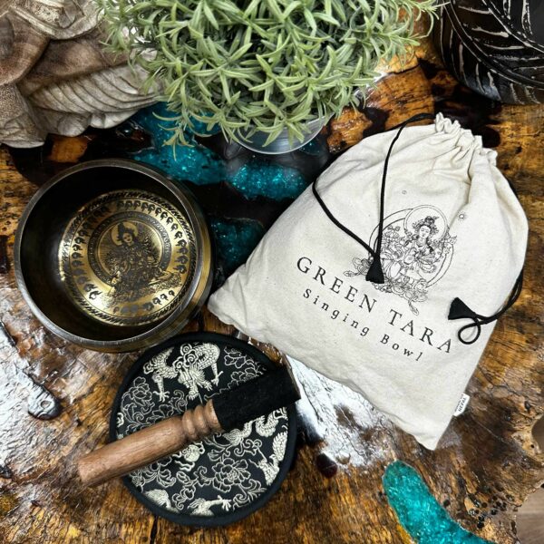 Hand Beaten & Engraved Singing Bowl Gift Set - 14cm - Green Tara - Image 4