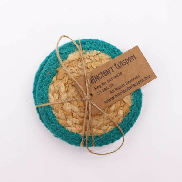 Natural Coaster - Jute & Cotton 10cm  (set of 4) - Teal Boarder - Image 2