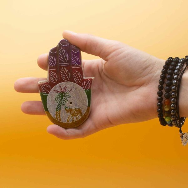Soapstone Hamsa Incense Holder 9x6cm - Elephant & Palm - Image 3