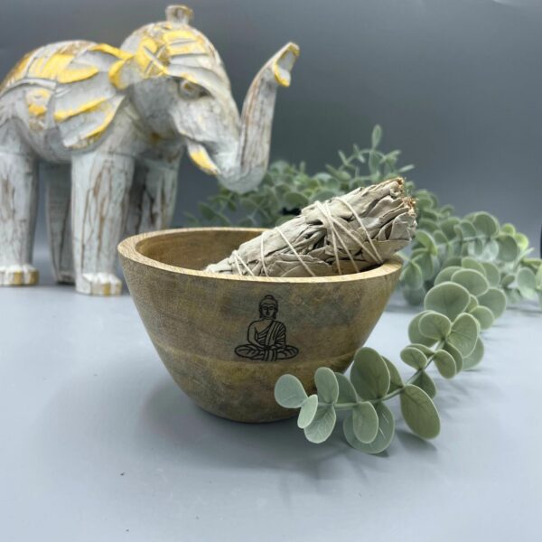 Wooden Smudge and Ritual Offerings Bowl - Buddha - 11x7cm - Image 2