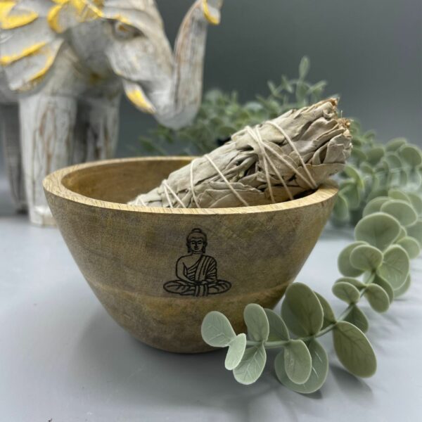 Wooden Smudge and Ritual Offerings Bowl - Buddha - 11x7cm - Image 3