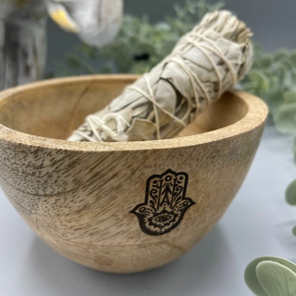 Wooden Smudge and Ritual Offerings Bowl - Hamsa - 11x7cm - Image 2