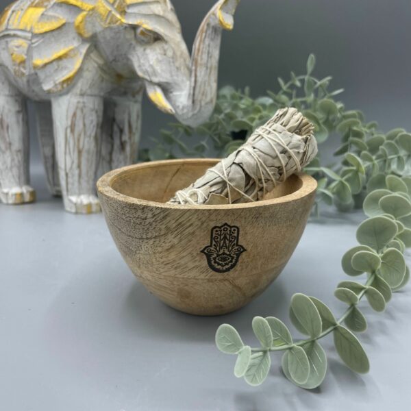 Wooden Smudge and Ritual Offerings Bowl - Hamsa - 11x7cm - Image 3