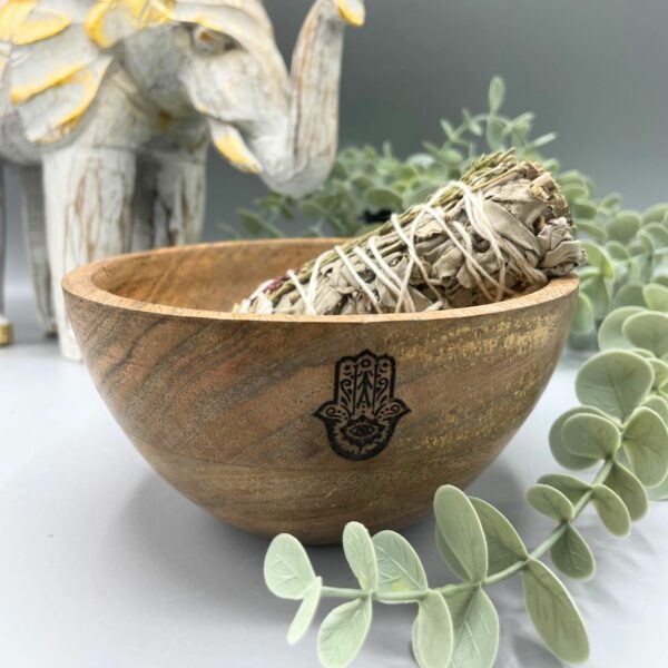 Wooden Smudge and Ritual Offerings Bowl - Hamsa - 13x7cm - Image 2