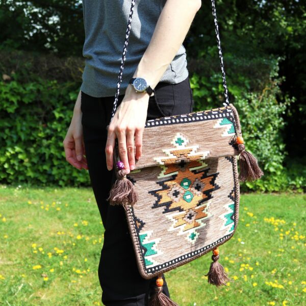 Pale Grey Kilim Messenger Festival Bag - Image 6