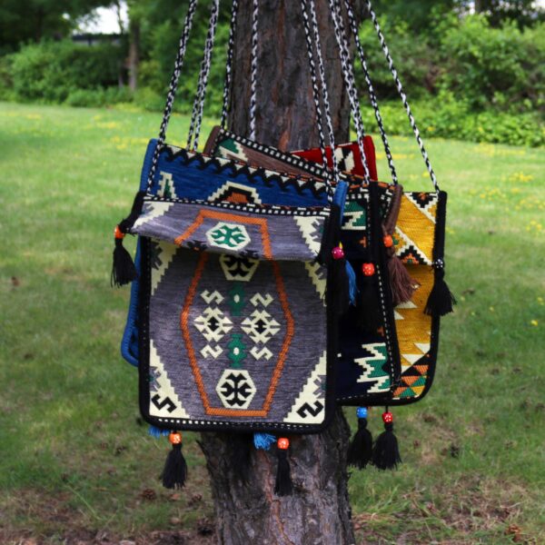 Pale Grey Kilim Messenger Festival Bag - Image 7