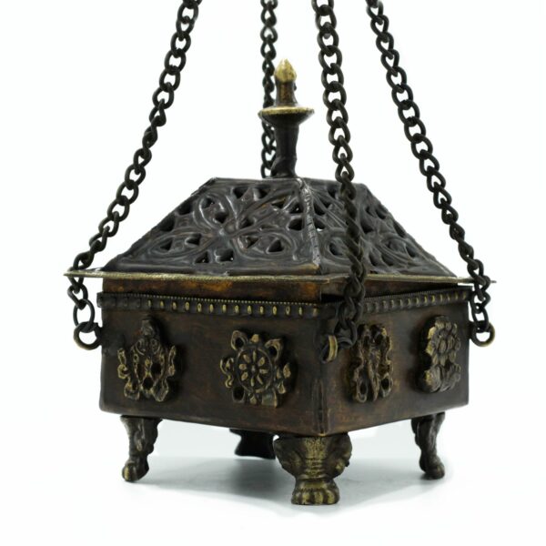 Brass Tibetan Burner - Eight Symbols Square Hanging Pot - Image 2