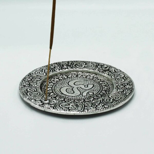 Polished Aluminium Om Round Incense Holder 11cm - Image 2
