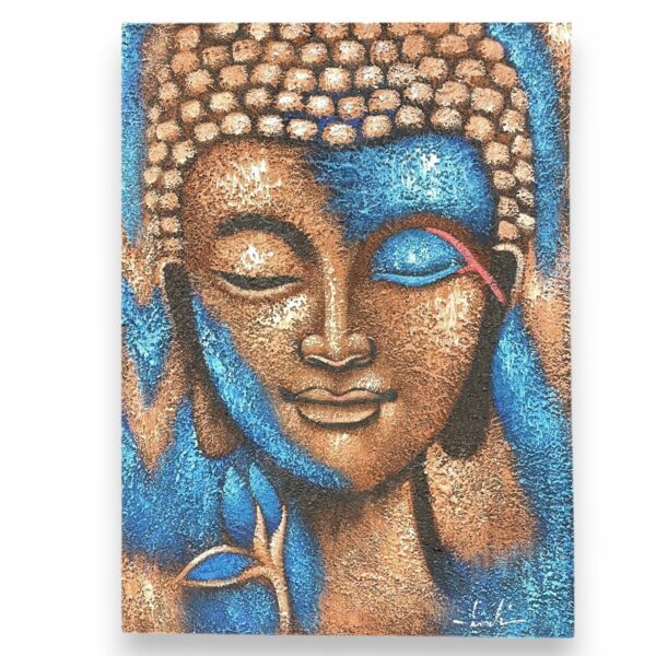Buddha Painting - Bronze & Blue Flower 75x55cm - Image 2