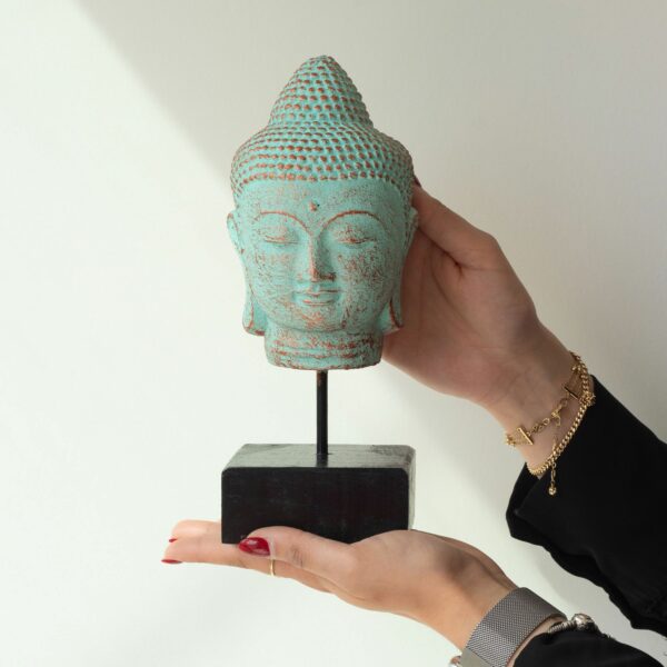 Stillness Buddha Head on Stand - Green Copper - Image 4