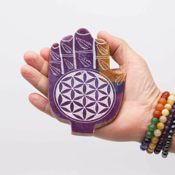 Soapstone Med Hamsa Incense Holder - Flower of Life - Image 3