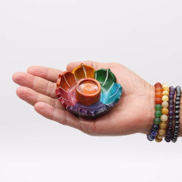 Soapstone Small Lotus Flower Incense Holder - Chakra Colours - Image 3