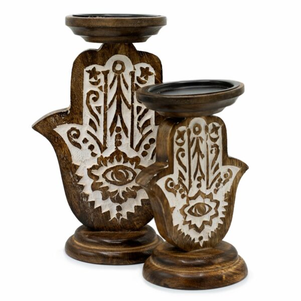 Mango Wood Candle Stand - Hamsa - Small - Image 2