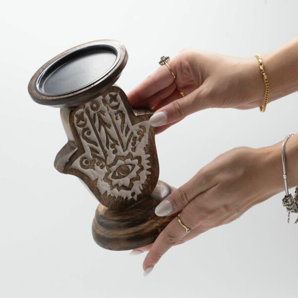 Mango Wood Candle Stand - Hamsa - Small - Image 5