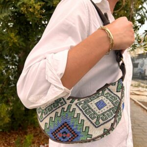 Jacquard Hobo Bag - Geo-Geen (brown strap)