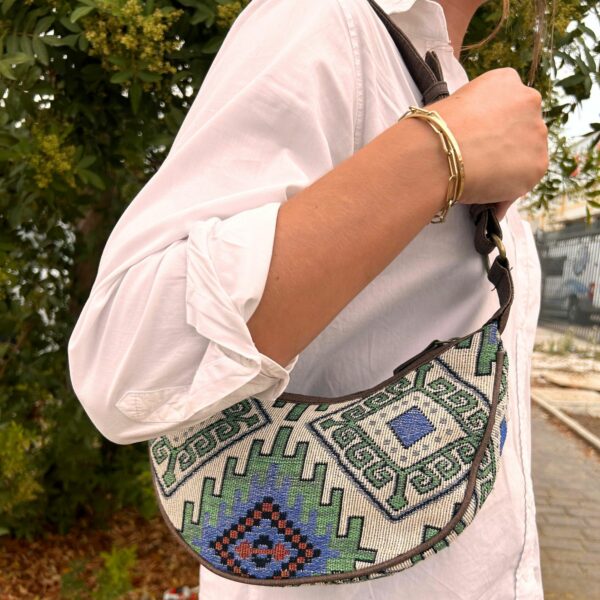Jacquard Hobo Bag - Geo-Geen (brown strap)