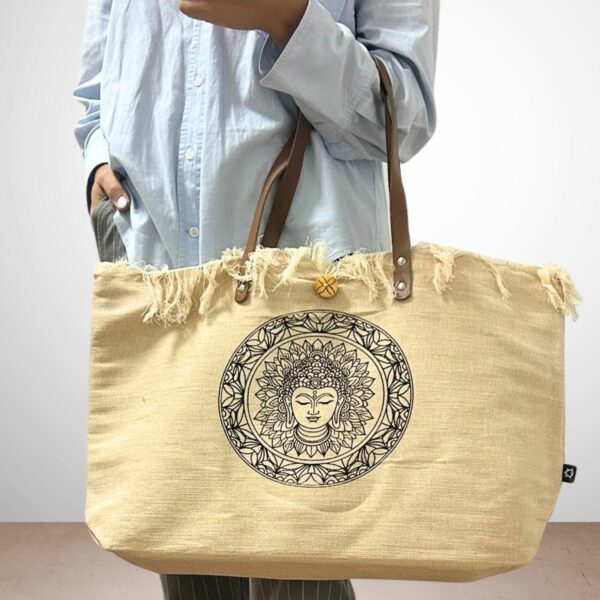 Natural Tote Bag Leather Handle - Buddha - Image 5
