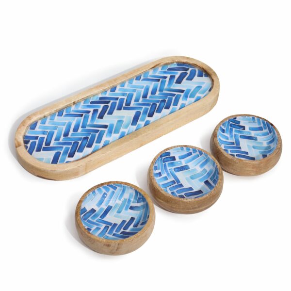 Mango Wood Tray with 3 Bowls - Blue Stripes - Image 3