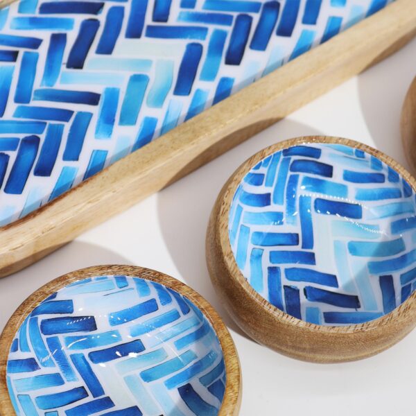 Mango Wood Tray with 3 Bowls - Blue Stripes - Image 4