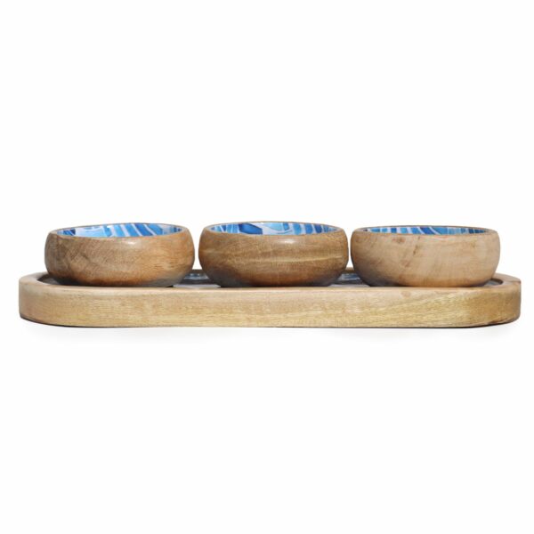 Mango Wood Tray with 3 Bowls - Blue Stripes - Image 5