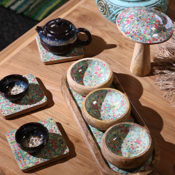 Mango Wood Tray with 3 Bowls - Pretty Floral - Image 2