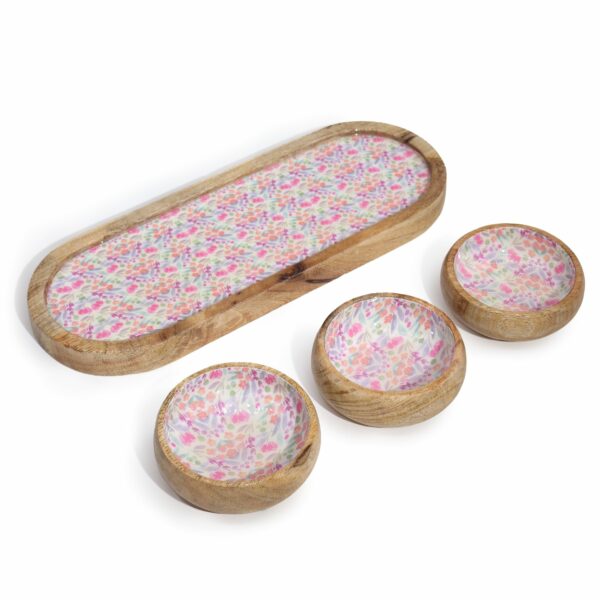 Mango Wood Tray with 3 Bowls - Pretty Floral - Image 3