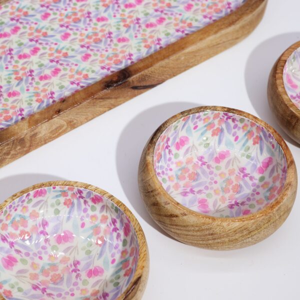 Mango Wood Tray with 3 Bowls - Pretty Floral - Image 4