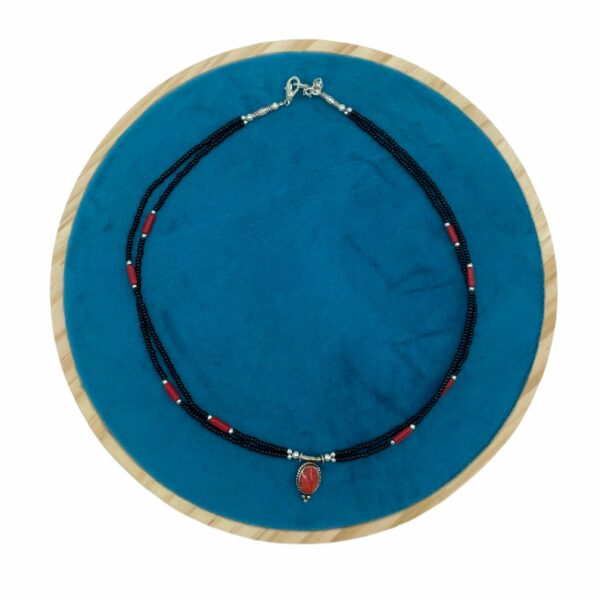 Nepalese Extra Fine Two Line Necklace - Black & Coral Pendant - Image 2