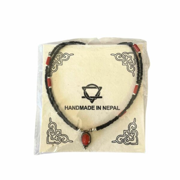 Nepalese Extra Fine Two Line Necklace - Black & Coral Pendant - Image 3
