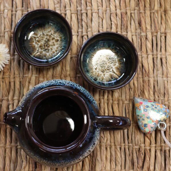 Herbal Black Glaze Teapot Set - Pot & Two Cups - Image 5