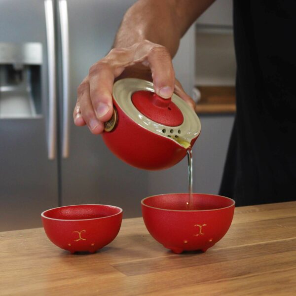 Money Cat Teapot Set - Two Cups - Travel Pack - Red - Image 4