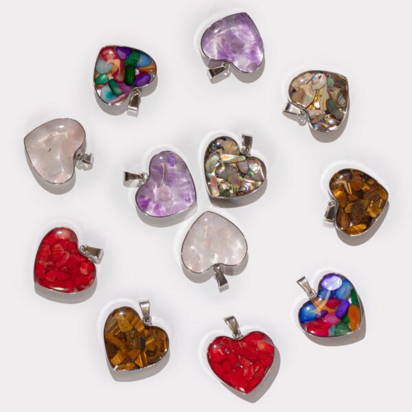 Steel Cased Pendant Hearts - 12 Assorted Gemstone Chips & Shells - Image 2