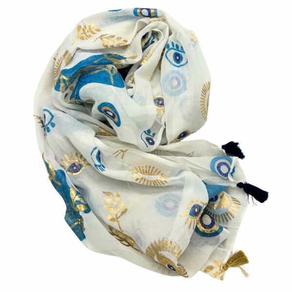 Nomad Sari On the Med Collection - Pareo - White , Blue & Gold Evil Eye Design - Image 2