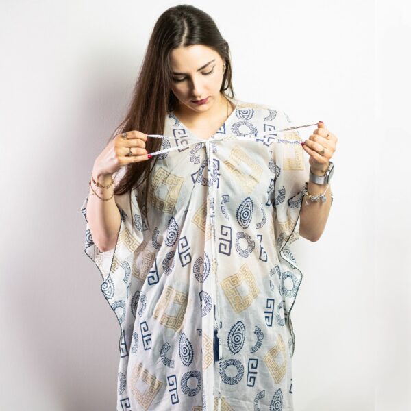 Nomad Sari On the Med Collection - Kaftan - Gold & Blue Greek Motiff - Handpainted - Image 2