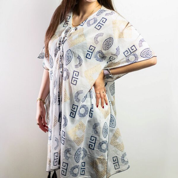 Nomad Sari On the Med Collection - Kaftan - Gold & Blue Greek Motiff - Handpainted - Image 3
