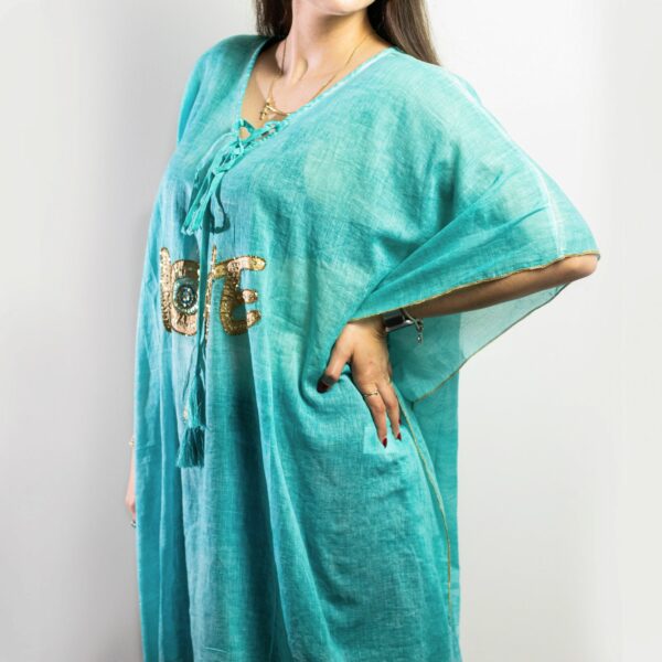 Nomad Sari On the Med Collection - Kaftan - Turquoise & Gold Love Design - Image 2