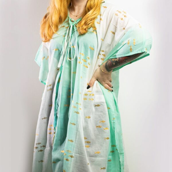 Nomad Sari On the Med Collection - Kaftan - White & Turquoise & Gold Fish Design - Image 2