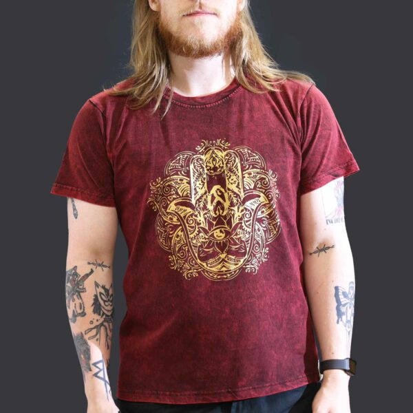 Large Stone Washed T-Shirt - Hamsa - Maroon - Image 2