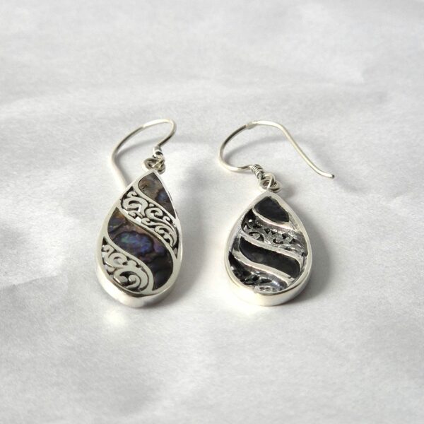 Shell & Silver Earrings - Long Teardrop - Abalone - Image 2