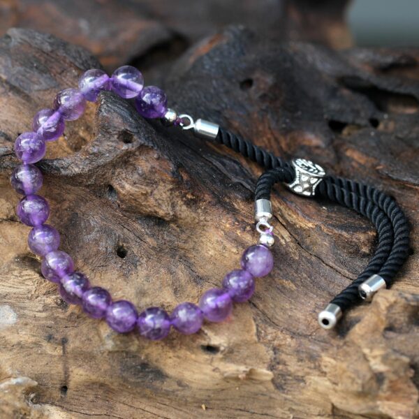 925 Silver Plated Gemstone Black String Bracelet - Amethyst - Image 3