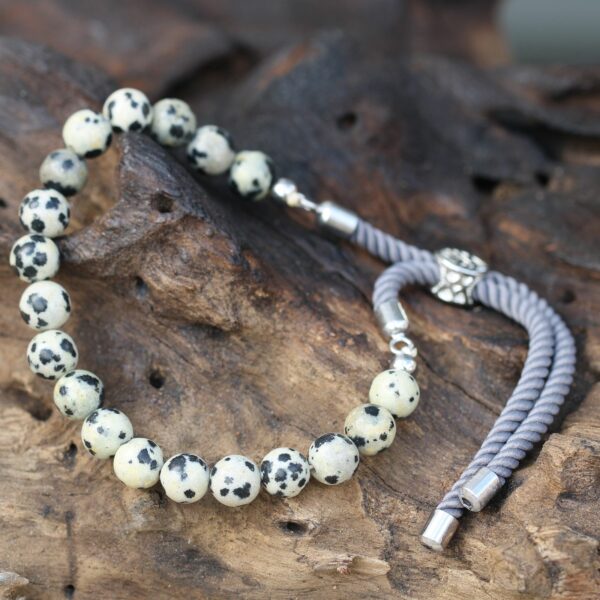 925 Silver Plated Gemstone Charcoal String Bracelet - Dalmatian Jasper - Image 7
